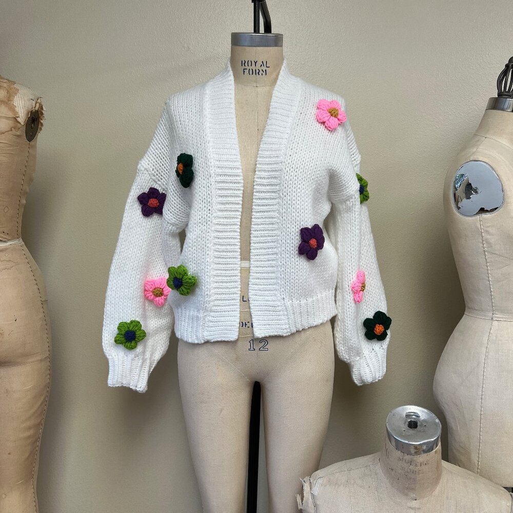 EUC Duchamp Chunky Knit 3D Embroidered Flower Cardigan Sweater